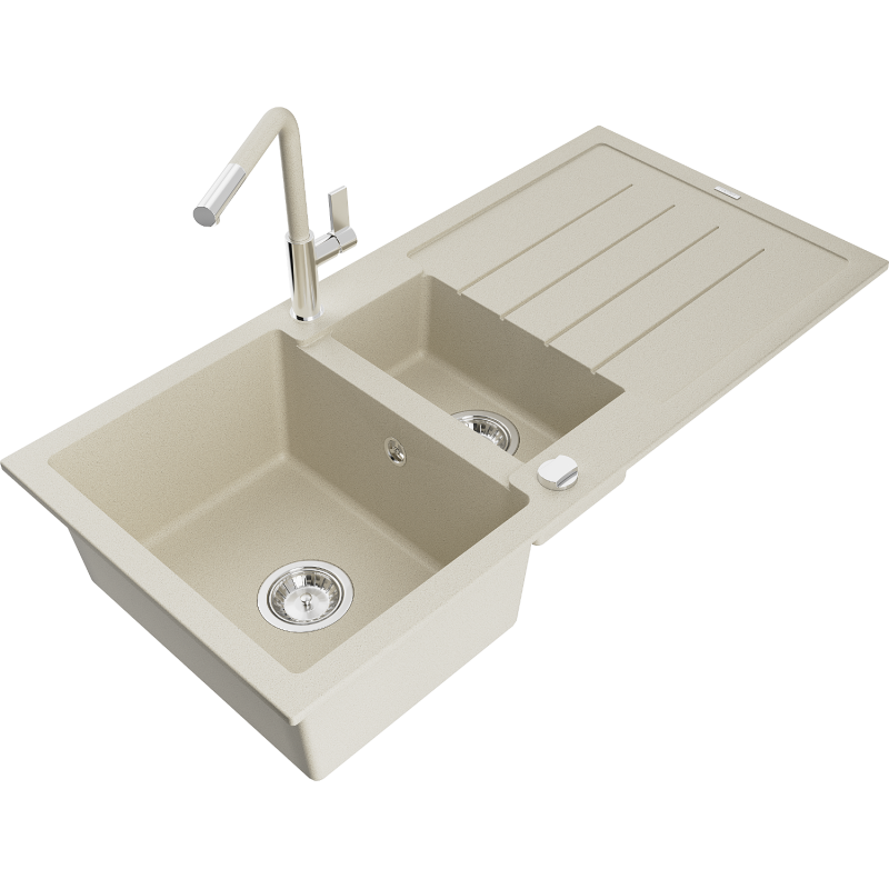 Mexen Andres granitový dřez 1,5-komorový s odkapávačem a kuchyňskou baterií Flora, béžový - 6515-69-670401-09