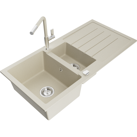 Mexen Andres granitový dřez 1,5-komorový s odkapávačem a kuchyňskou baterií Flora, béžový - 6515-69-670401-09
