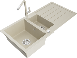 Mexen Andres granitový dřez 1,5-komorový s odkapávačem a kuchyňskou baterií Flora, béžový - 6515-69-670401-09