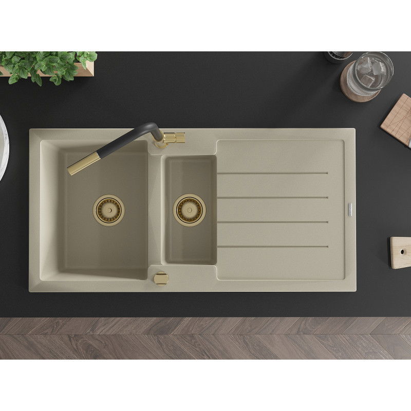 Mexen Andres žulový dřez 1,5-komorový s odkapávačem a kuchyňskou baterií Flora, béžový - 6515-69-670401-57-G