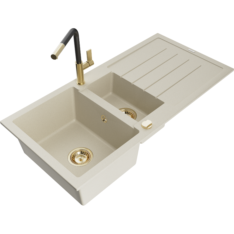 Mexen Andres žulový dřez 1,5-komorový s odkapávačem a kuchyňskou baterií Flora, béžový - 6515-69-670401-57-G