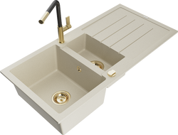 Mexen Andres žulový dřez 1,5-komorový s odkapávačem a kuchyňskou baterií Flora, béžový - 6515-69-670401-57-G