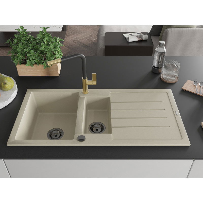 Mexen Andres žulový dřez 1,5-komorový s odkapávačem a kuchyňskou baterií Flora, béžový - 6515-69-670401-57-B