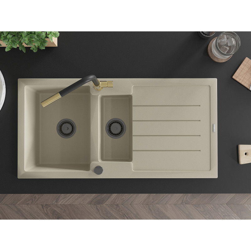 Mexen Andres žulový dřez 1,5-komorový s odkapávačem a kuchyňskou baterií Flora, béžový - 6515-69-670401-57-B