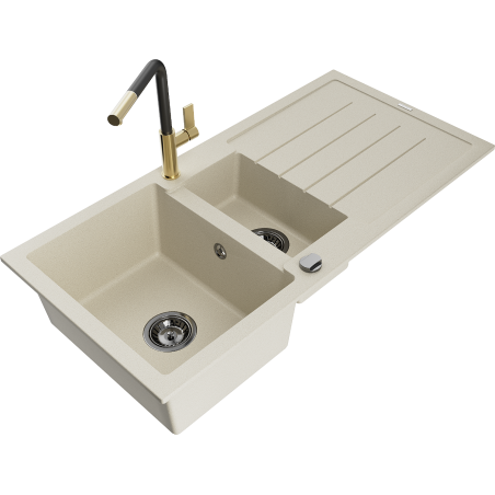 Mexen Andres žulový dřez 1,5-komorový s odkapávačem a kuchyňskou baterií Flora, béžový - 6515-69-670401-57-B