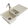 Mexen Andres žulový dřez 1,5-komorový s odkapávačem a kuchyňskou baterií Flora, béžový - 6515-69-670401-57-B