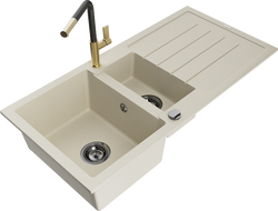 Mexen Andres žulový dřez 1,5-komorový s odkapávačem a kuchyňskou baterií Flora, béžový - 6515-69-670401-57-B