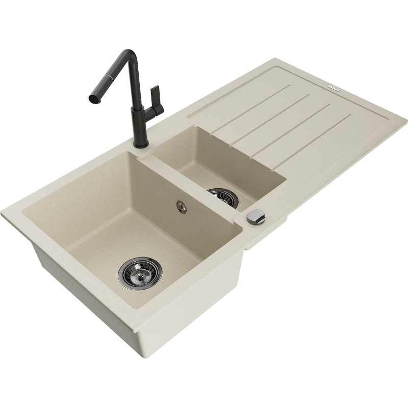 Mexen Andres granitový dřez 1,5-komorový s odkapávačem a kuchyňskou baterií Flora, béžový - 6515-69-670401-70-B