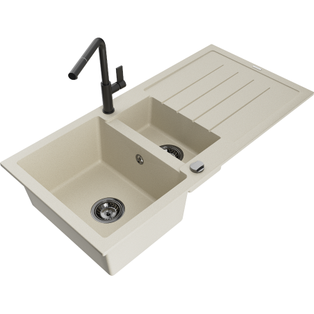 Mexen Andres granitový dřez 1,5-komorový s odkapávačem a kuchyňskou baterií Flora, béžový - 6515-69-670401-70-B