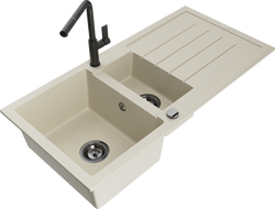 Mexen Andres granitový dřez 1,5-komorový s odkapávačem a kuchyňskou baterií Flora, béžový - 6515-69-670401-70-B