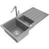 Mexen Andres granitový dřez 1,5-komorový s odkapávačem a kuchyňskou baterií Flora, šedý - 6515-71-670401-06