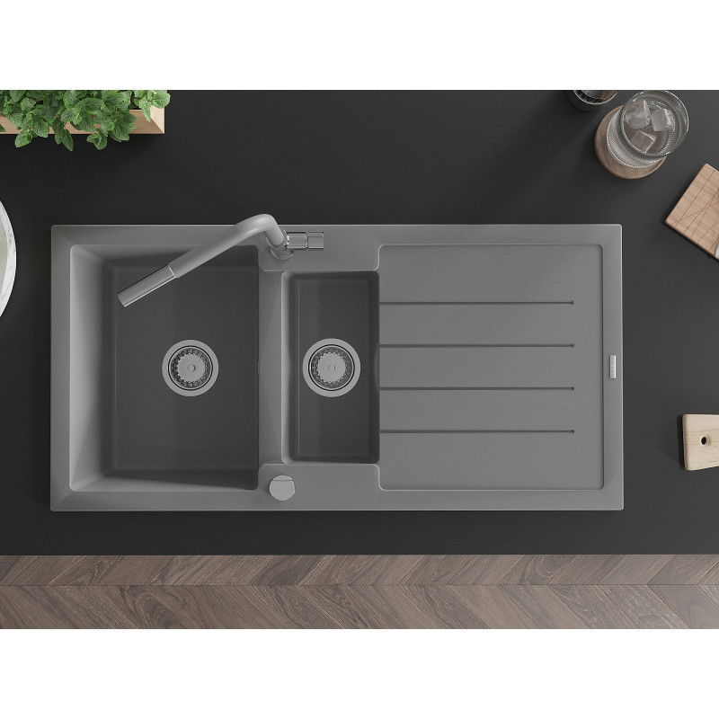 Mexen Andres granitový dřez 1,5-komorový s odkapávačem a kuchyňskou baterií Flora, šedý - 6515-71-670401-06