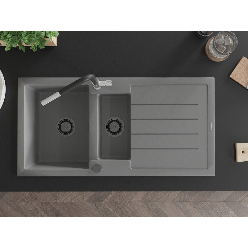 Mexen Andres žulový dřez 1,5 komorový s odkapávačem a kuchyňskou baterií Flora, šedý - 6515-71-670401-07-B