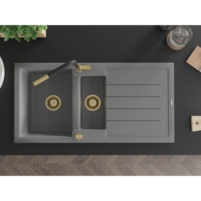 Mexen Andres žulový dřez 1,5-komorový s odkapávačem a kuchyňskou baterií Flora, šedý - 6515-71-670401-57-G