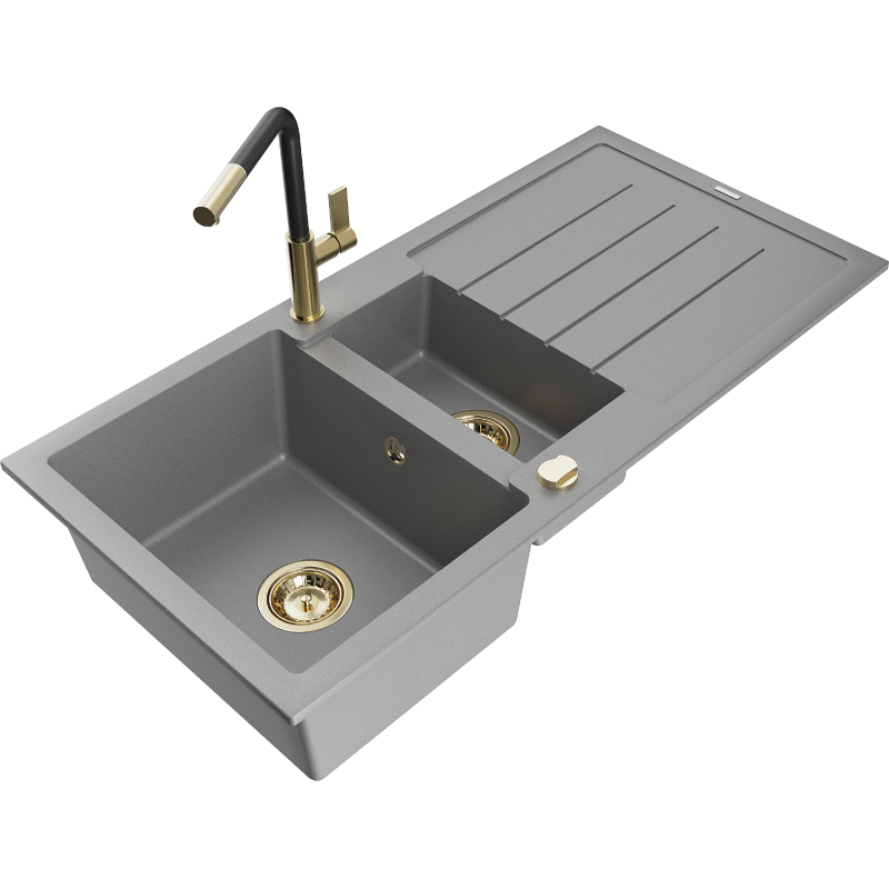 Mexen Andres žulový dřez 1,5-komorový s odkapávačem a kuchyňskou baterií Flora, šedý - 6515-71-670401-57-G