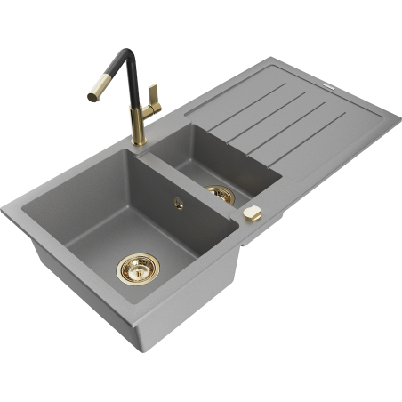 Mexen Andres žulový dřez 1,5-komorový s odkapávačem a kuchyňskou baterií Flora, šedý - 6515-71-670401-57-G