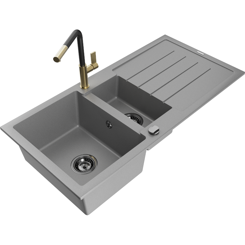 Mexen Andres žulový dřez 1,5-komorový s odkapávačem a kuchyňská baterie Flora, šedá - 6515-71-670401-57-B