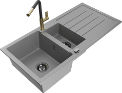 Mexen Andres žulový dřez 1,5-komorový s odkapávačem a kuchyňská baterie Flora, šedá - 6515-71-670401-57-B