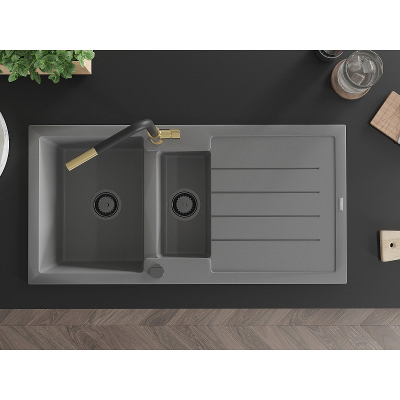 Mexen Andres granitový dřez 1,5-komorový s odkapávačem a kuchyňskou baterií Flora, šedý - 6515-71-670401-57-B