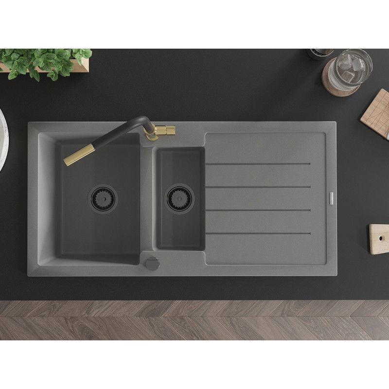 Mexen Andres žulový dřez 1,5-komorový s odkapávačem a kuchyňská baterie Flora, šedá - 6515-71-670401-57-B