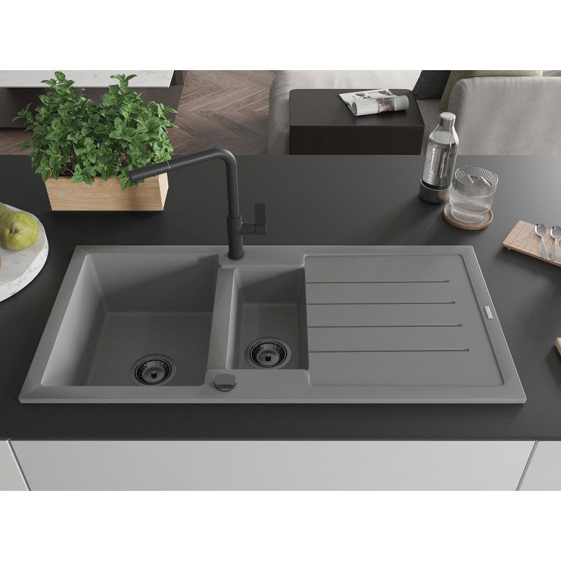 Mexen Andres granitový dřez 1,5-komorový s odkapávačem a kuchyňskou baterií Flora, šedý - 6515-71-670401-70-B