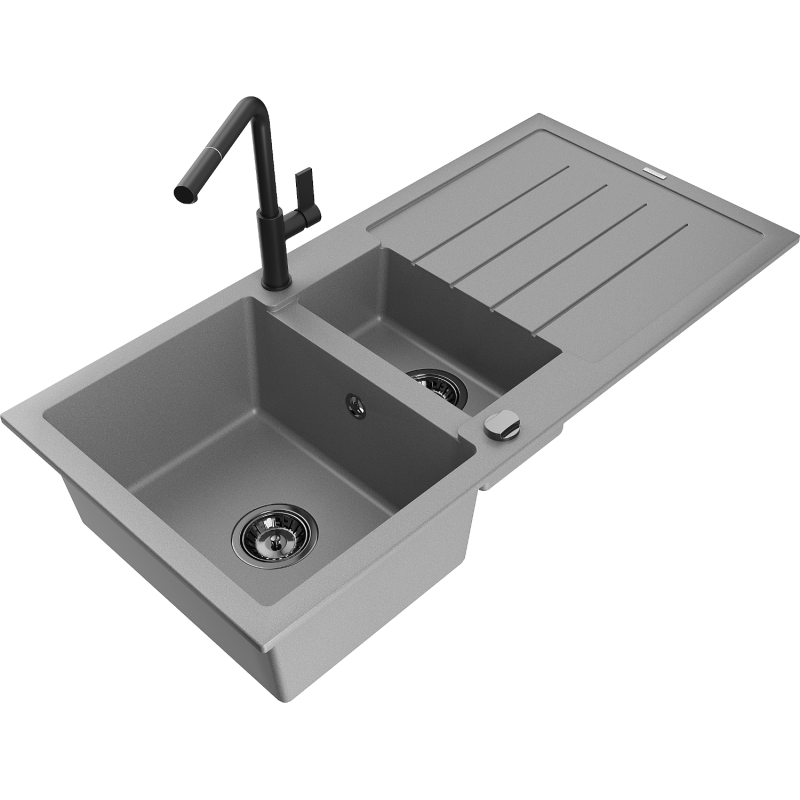Mexen Andres granitový dřez 1,5-komorový s odkapávačem a kuchyňskou baterií Flora, šedý - 6515-71-670401-70-B