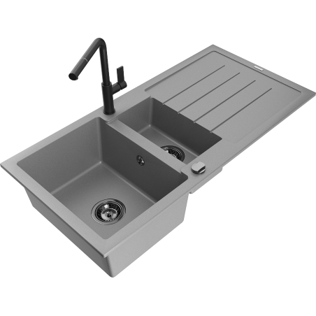 Mexen Andres granitový dřez 1,5-komorový s odkapávačem a kuchyňskou baterií Flora, šedý - 6515-71-670401-70-B