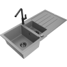Mexen Andres granitový dřez 1,5-komorový s odkapávačem a kuchyňskou baterií Flora, šedý - 6515-71-670401-70-B