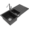 Mexen Andres žulový dřez 1,5 komorový s odkapávačem a kuchyňskou baterií Flora, černý/stříbrný - 6515-73-670401-00