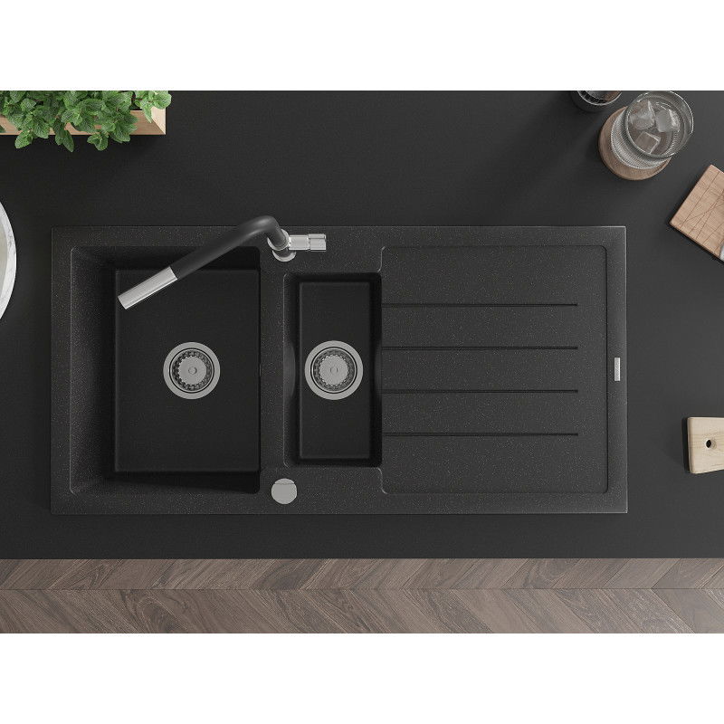 Mexen Andres žulový dřez 1,5-komorový s odkapávačem a kuchyňskou baterií Flora, černý/stříbrný - 6515-73-670401-07