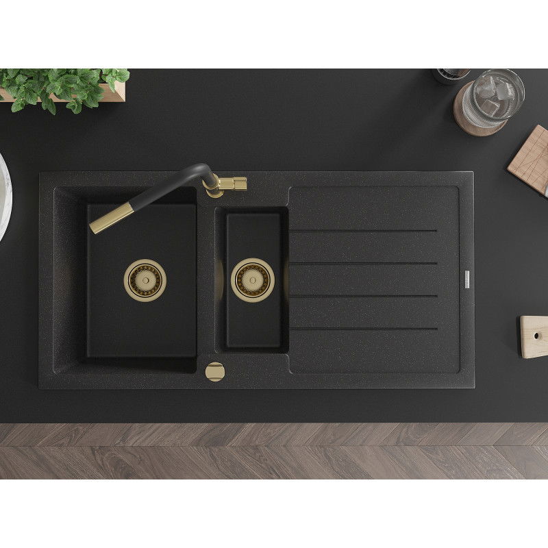 Mexen Andres žulový dřez 1,5-komorový s odkapávačem a kuchyňskou baterií Flora, černá/stříbrná - 6515-73-670401-57-G