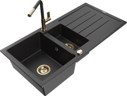 Mexen Andres žulový dřez 1,5-komorový s odkapávačem a kuchyňskou baterií Flora, černá/stříbrná - 6515-73-670401-57-G