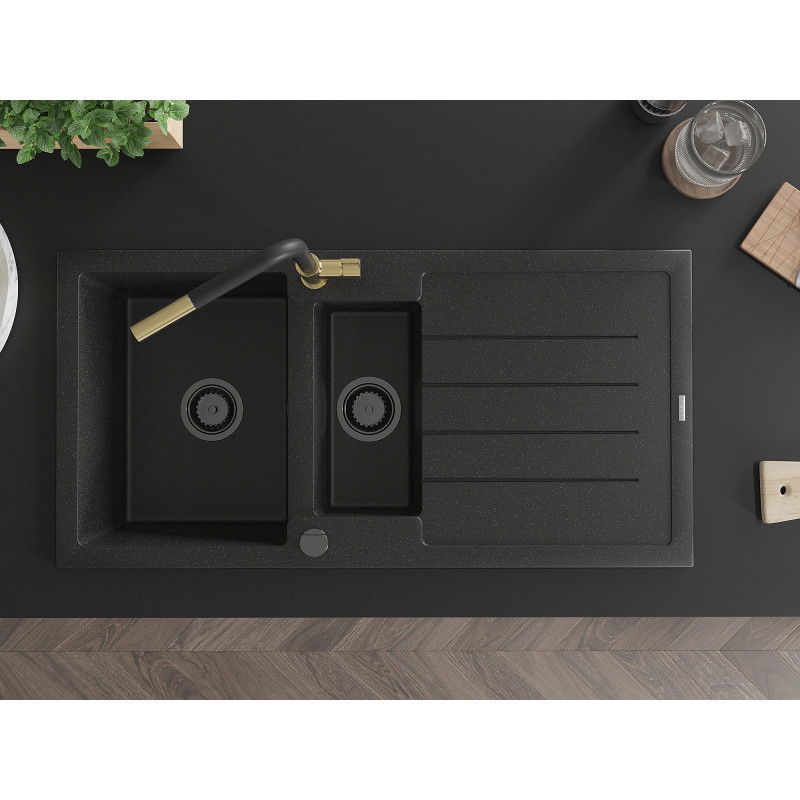 Mexen Andres granitový dřez 1,5 komorový s odkapávačem a kuchyňskou baterií Flora, černý/stříbrný - 6515-73-670401-57-B