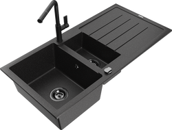 Mexen Andres granitový dřez 1,5-komorový s odkapávačem a kuchyňskou baterií Flora, černý/stříbrný - 6515-73-670401-70-B