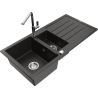 Mexen Andres žulový dřez 1,5-komorový s odkapávačem a kuchyňskou baterií Flora, černý/zlatý metalik - 6515-75-670401-00