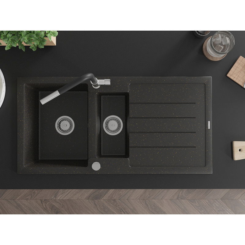 Mexen Andres žulový dřez 1,5-komorový s odkapávačem a kuchyňskou baterií Flora, černý/zlatý metalík - 6515-75-670401-07