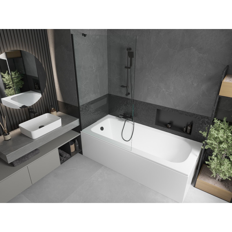 Mexen Vega obdélníková vana 180 x 80 cm s krytem a 1křídlovou zástěnou 100 cm, transparentní, černá
