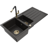 Mexen Andres žulový dřez 1,5-komorový s odkapávačem a kuchyňskou baterií Flora, černý/zlatý - 6515-75-670401-57-G