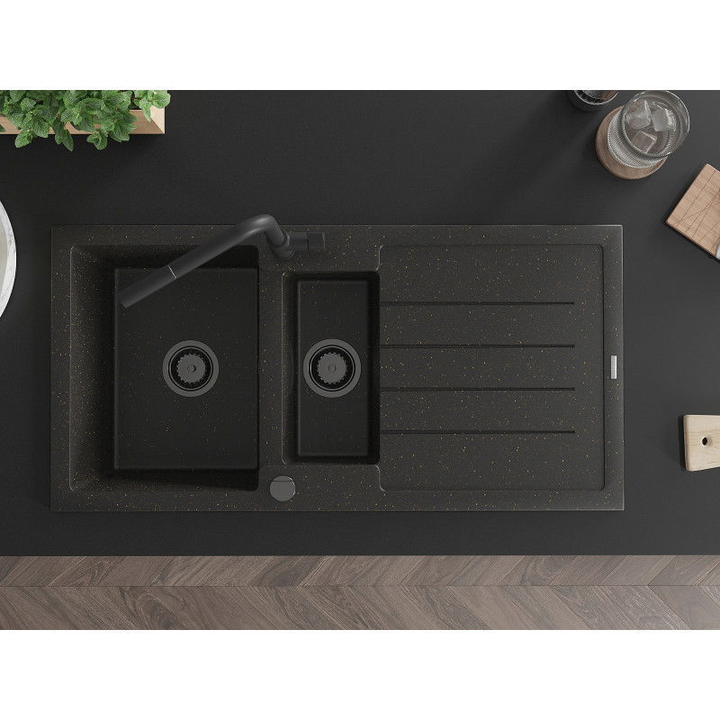 Mexen Andres granitový dřez 1,5-komorový s odkapávačem a kuchyňskou baterií Flora, černý/zlatý - 6515-75-670401-70-B