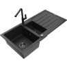 Mexen Andres granitový dřez 1,5-komorový s odkapávačem a kuchyňskou baterií Flora, černý/zlatý - 6515-75-670401-70-B