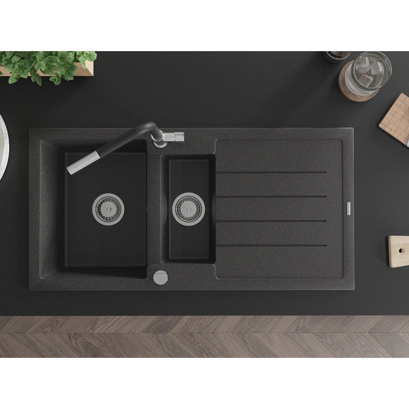 Mexen Andres granitový dřez 1,5-komorový s odkapávačem a kuchyňskou baterií Flora, černý kropenatý - 6515-76-670401-07