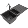 Mexen Andres granitový dřez 1,5 komorový s odkapávačem a kuchyňskou baterií Flora, černý s tečkami - 6515-76-670401-07-B