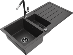 Mexen Andres granitový dřez 1,5 komorový s odkapávačem a kuchyňskou baterií Flora, černý s tečkami - 6515-76-670401-07-B