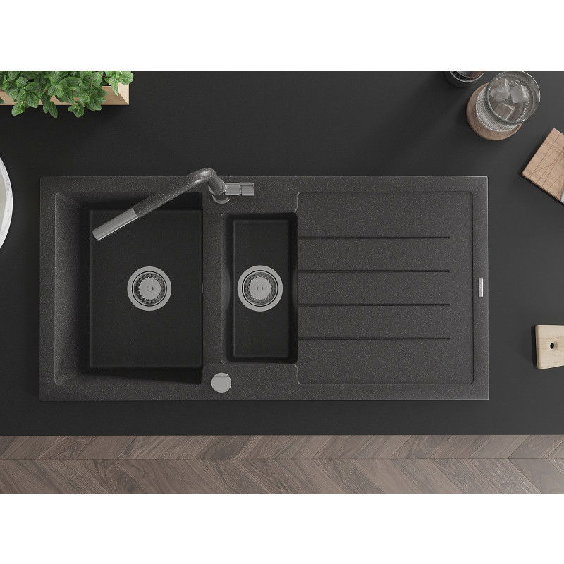 Mexen Andres granitový dřez 1,5-komorový s odkapávačem a kuchyňskou baterií Flora, černý skvrnitý - 6515-76-670401-08