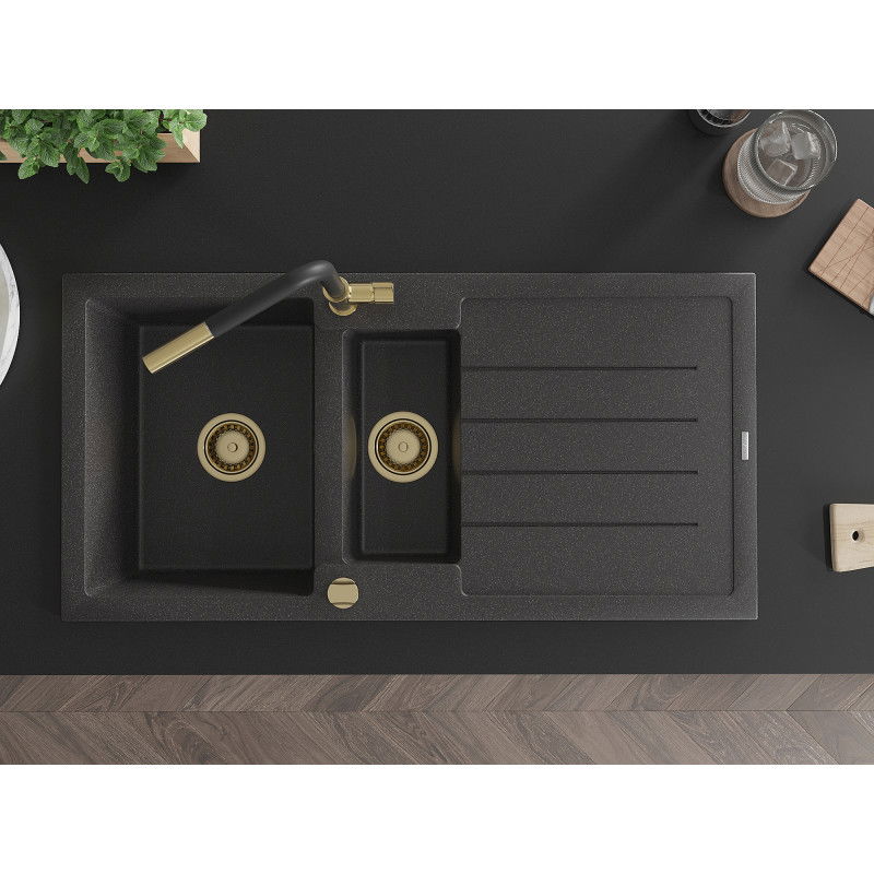 Mexen Andres granitový dřez 1,5-komorový s odkapávačem a kuchyňskou baterií Flora, černý kropenatý - 6515-76-670401-57-G