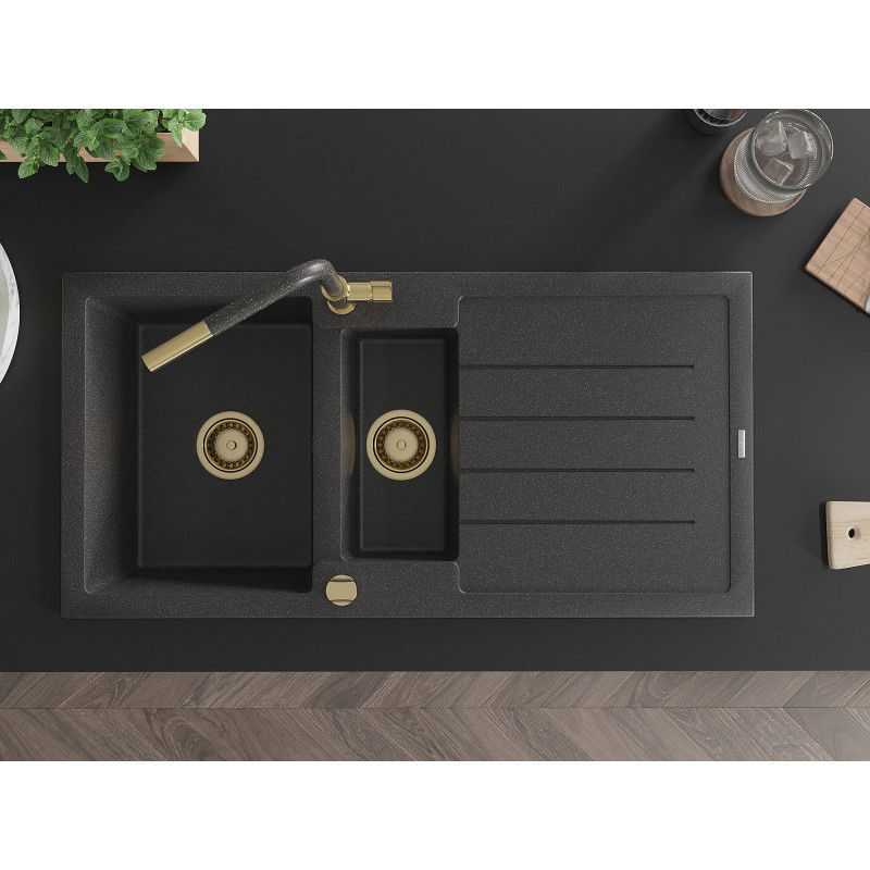 Mexen Andres granitový dřez 1,5-komorový s odkapávačem a kuchyňskou baterií Flora, černý s tečkami - 6515-76-670401-75-G