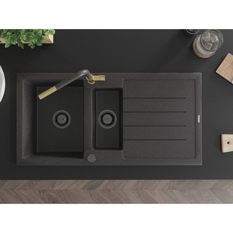 Mexen Andres granitový dřez 1,5-komorový s odkapávačem a kuchyňskou baterií Flora, černý skvrnitý - 6515-76-670401-75-B