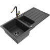 Mexen Andres granitový dřez 1,5-komorový s odkapávačem a kuchyňskou baterií Flora, černý skvrnitý - 6515-76-670401-75-B