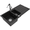 Mexen Andres žulový dřez 1,5-komorový s odkapávačem a kuchyňskou baterií Flora, černý - 6515-77-670401-07