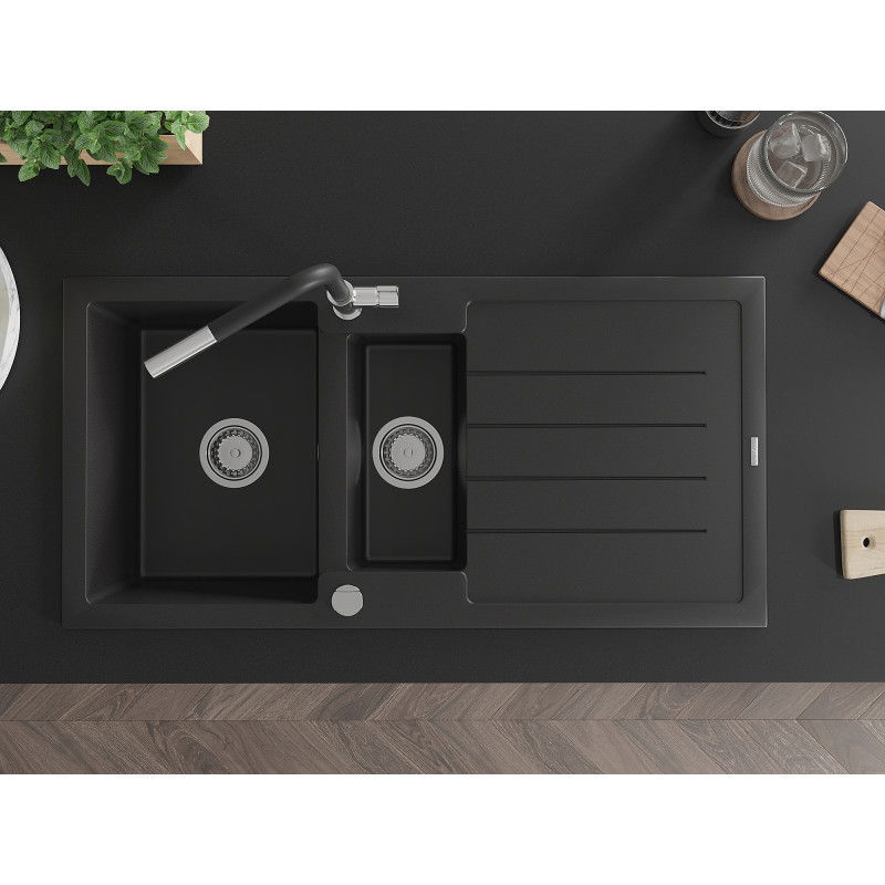 Mexen Andres žulový dřez 1,5-komorový s odkapávačem a kuchyňskou baterií Flora, černý - 6515-77-670401-07
